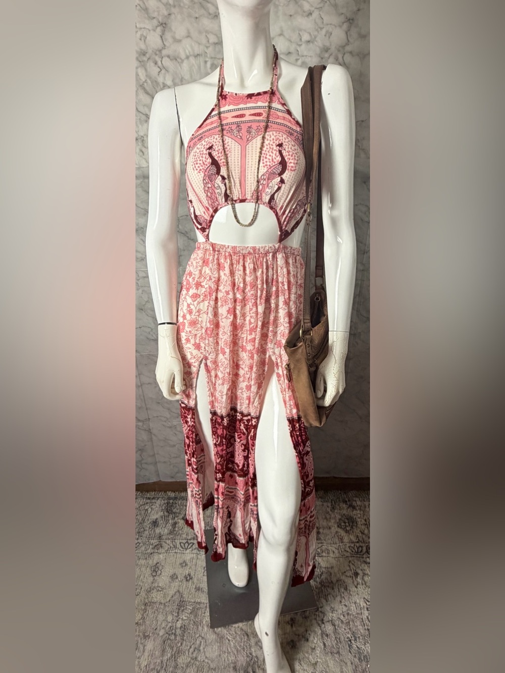 Cutout Peacock Halter Tie Neck Back Peachy Pink Burgundy Boho Vacation Dress S